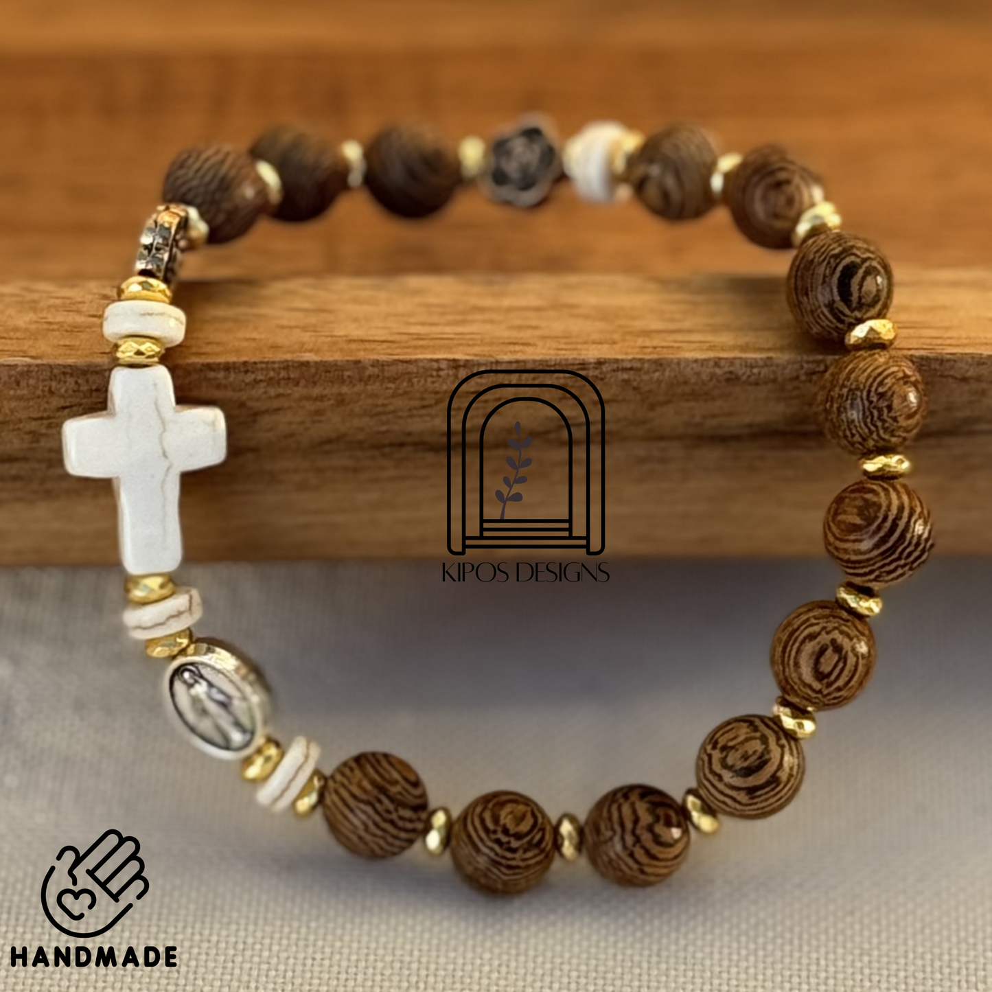 Natural Wood Rosary Bracelet with Gold, White & Bronze Accents | Customized Catholic Saint Medal