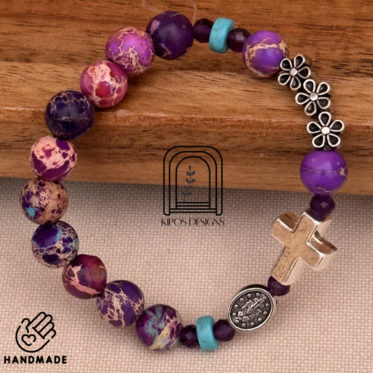 Galaxy Jasper Rosary Bracelet with Genuine Amethysts | Customized Catholic Saint Medal