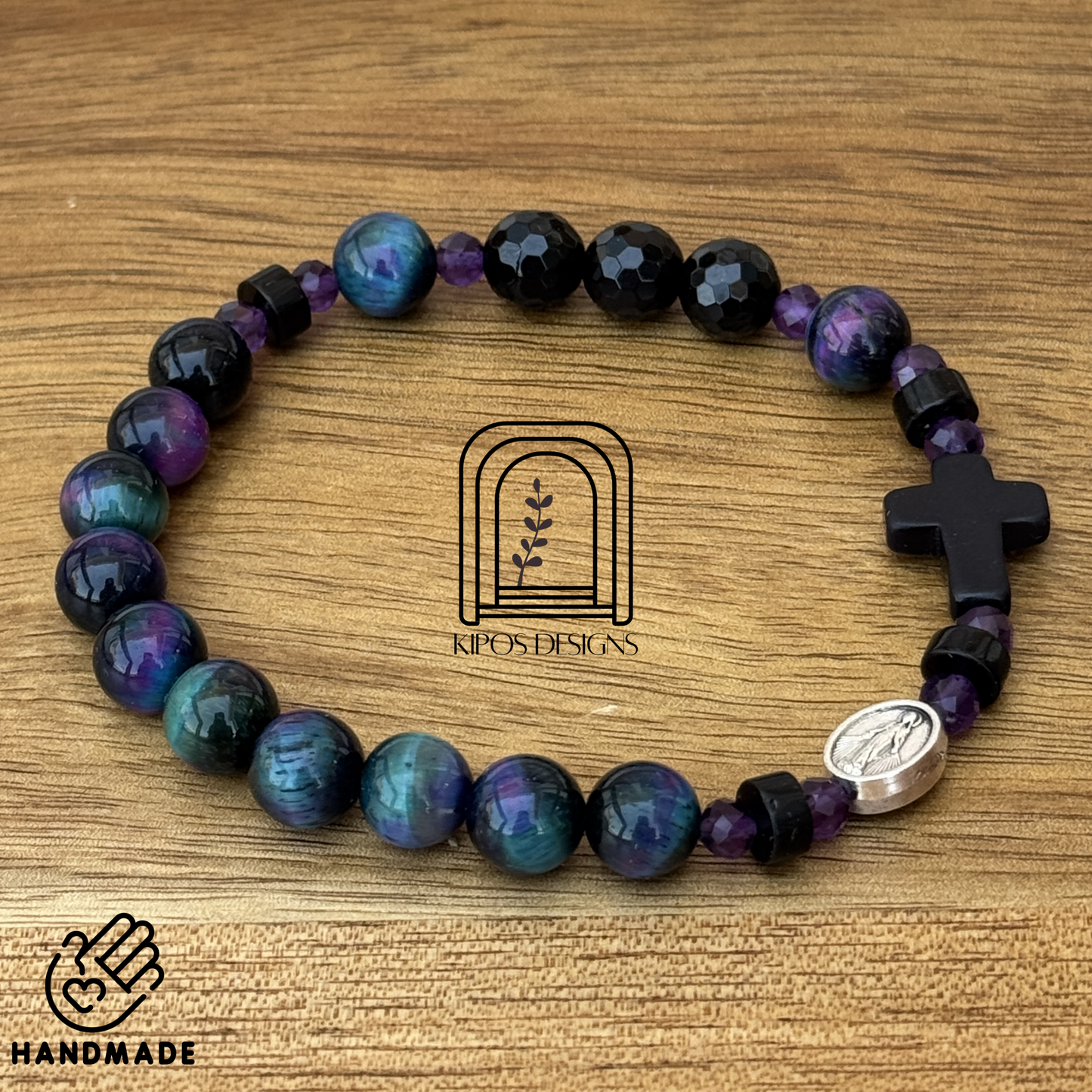 Galaxy Tiger Eye Rosary Bracelet with Faceted Black Onyx & Genuine Amethyst | Customized Catholic Saint Medal