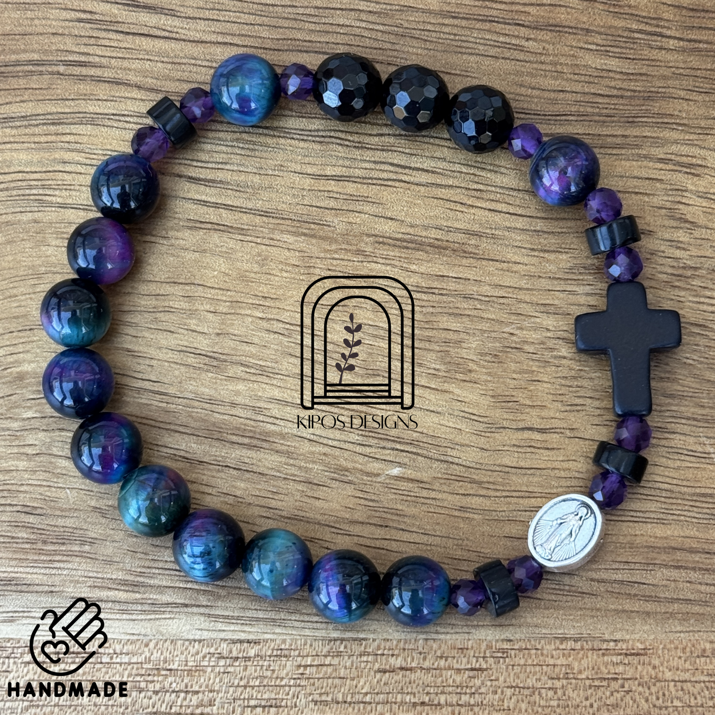 Galaxy Tiger Eye Rosary Bracelet with Faceted Black Onyx & Genuine Amethyst | Customized Catholic Saint Medal