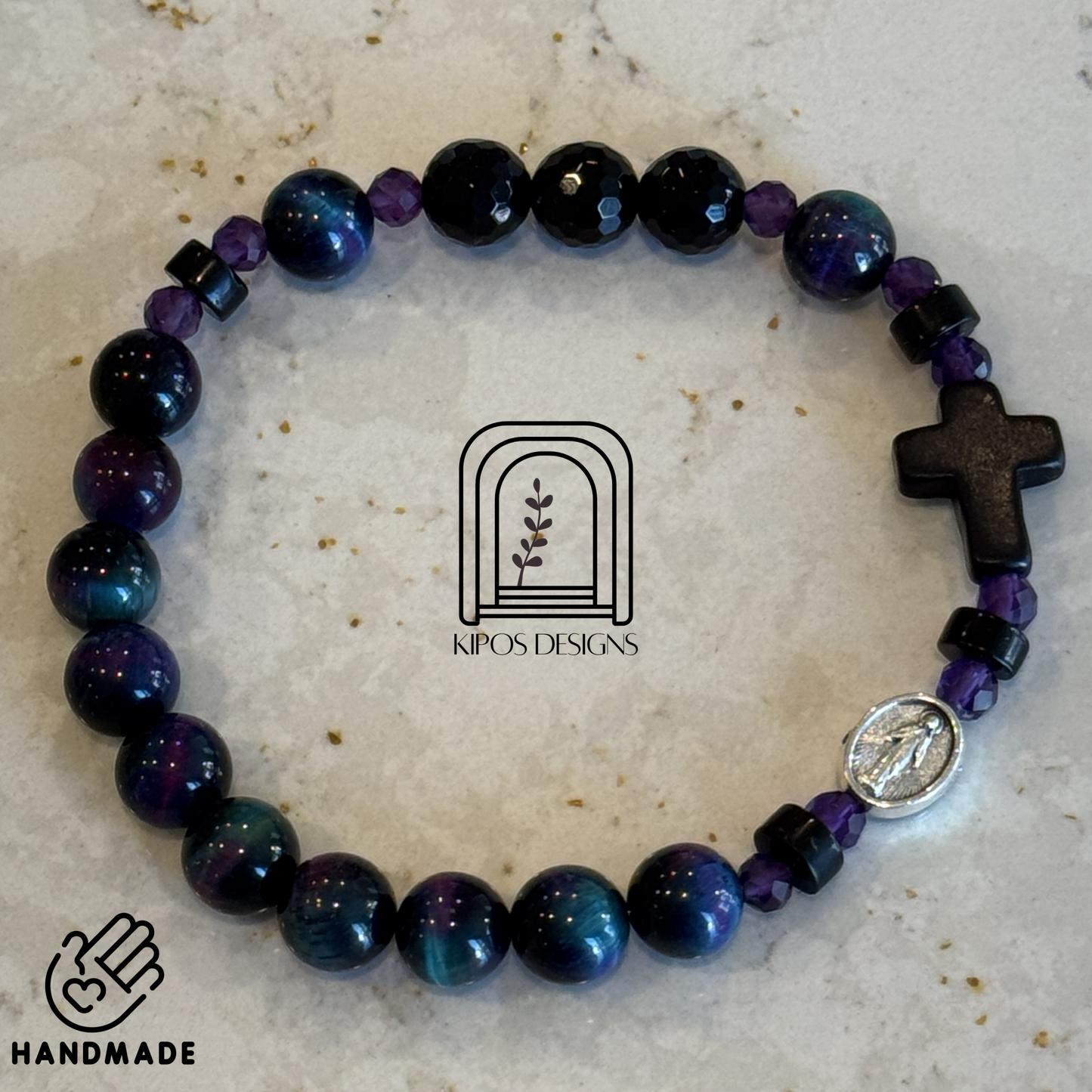 Galaxy Tiger Eye Rosary Bracelet with Faceted Black Onyx & Genuine Amethyst | Customized Catholic Saint Medal