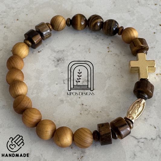 Golden Sandalwood Rosary Bracelet w/ Tiger's Eye & Gold | Customized Catholic Saint Medal