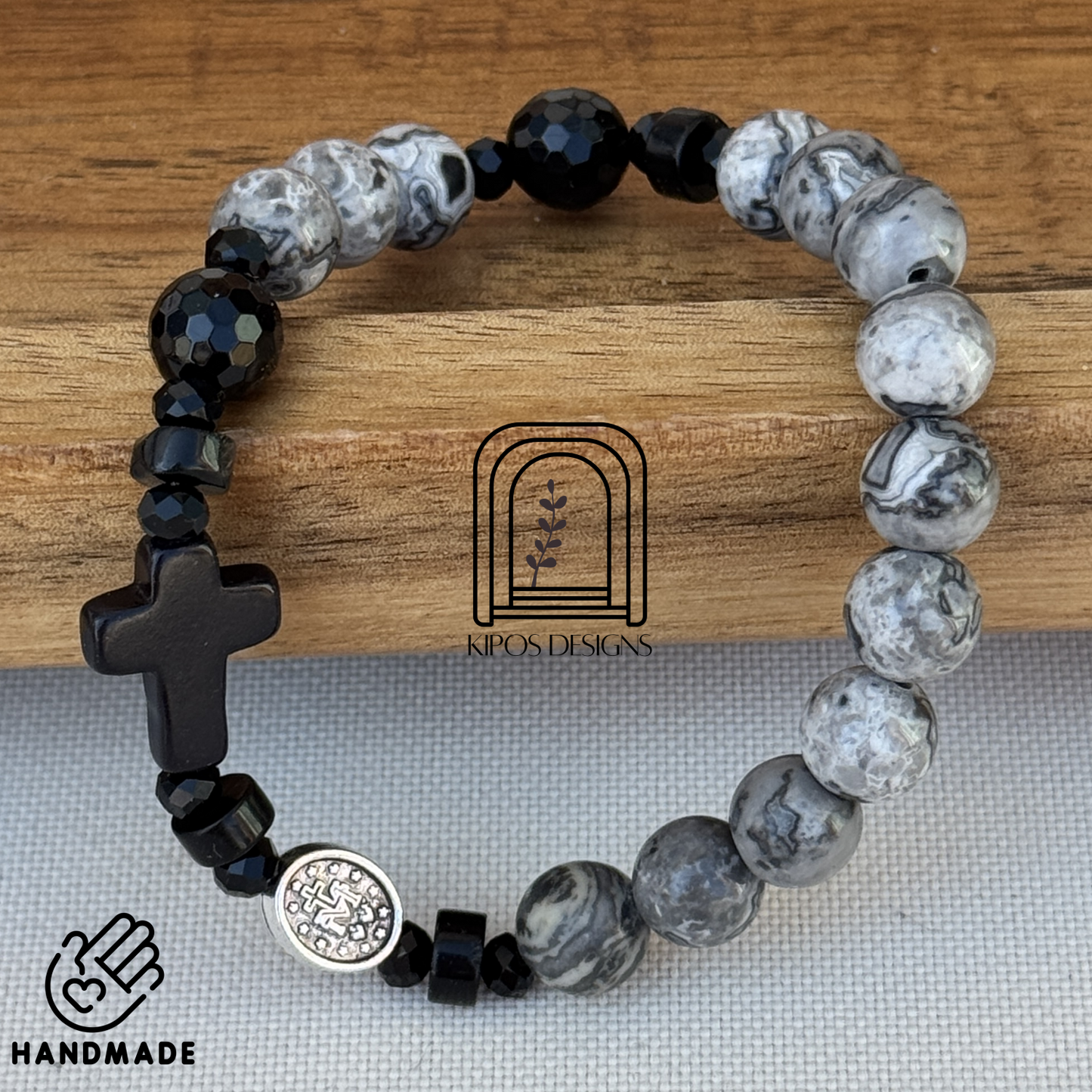 Marbled Grey & White Jasper Bracelet with Black Accents | Customized Catholic Saint Medal