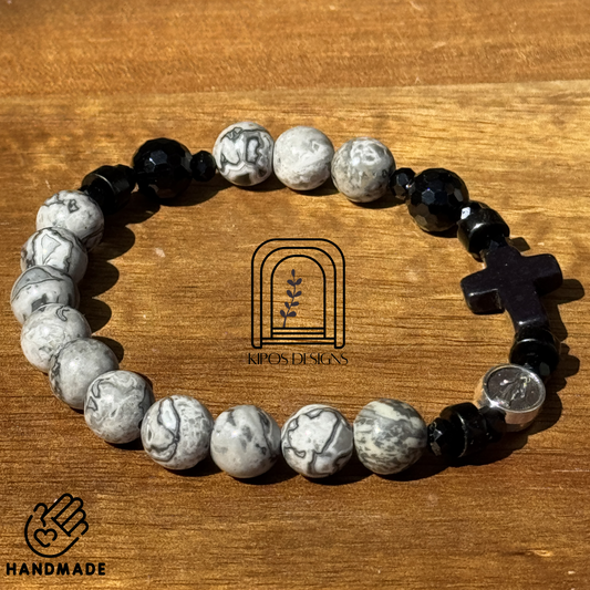 Marbled Grey & White Jasper Bracelet with Black Accents | Customized Catholic Saint Medal
