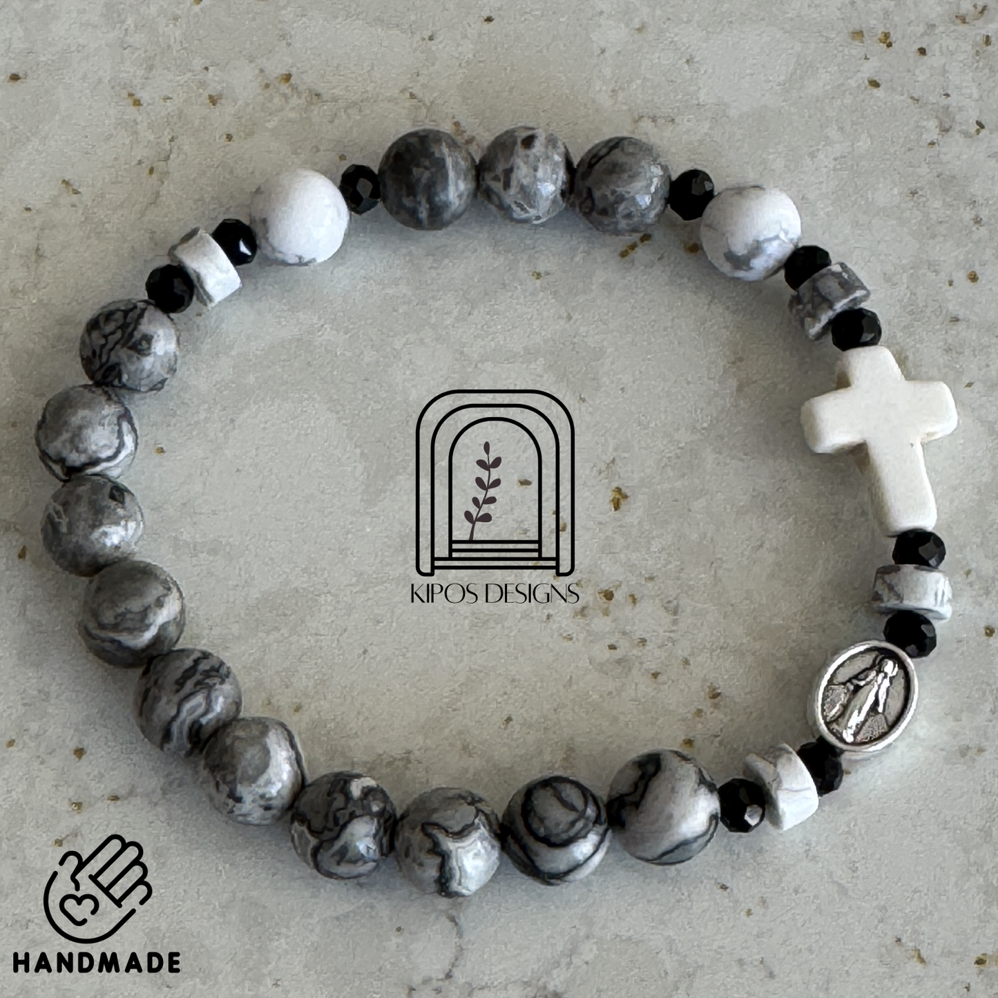 Marbled Grey & White Jasper Bracelet with White Accents | Customized Catholic Saint Medal