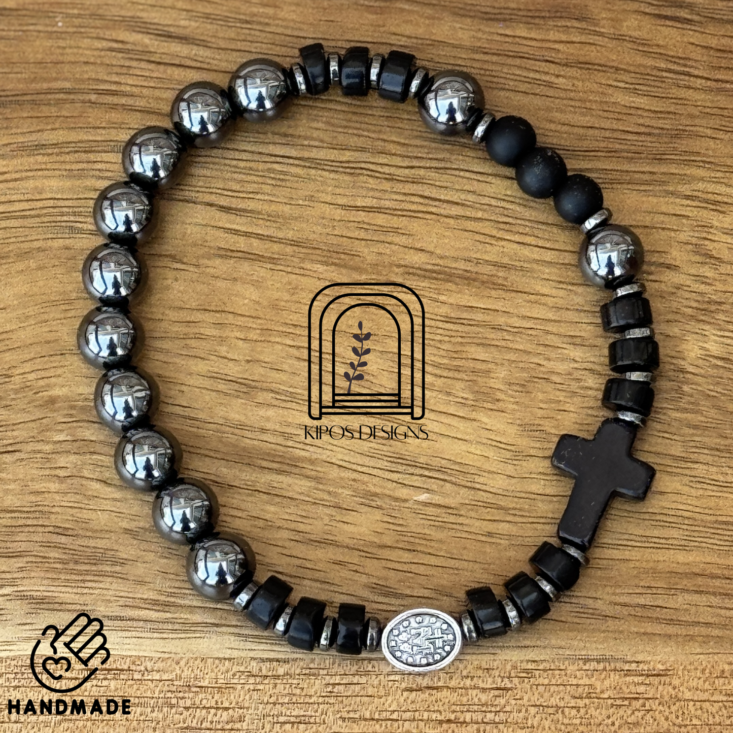 Hematite Rosary Bracelet with Black Onyx & Hematite Spacers | Customized Catholic Saint Medal