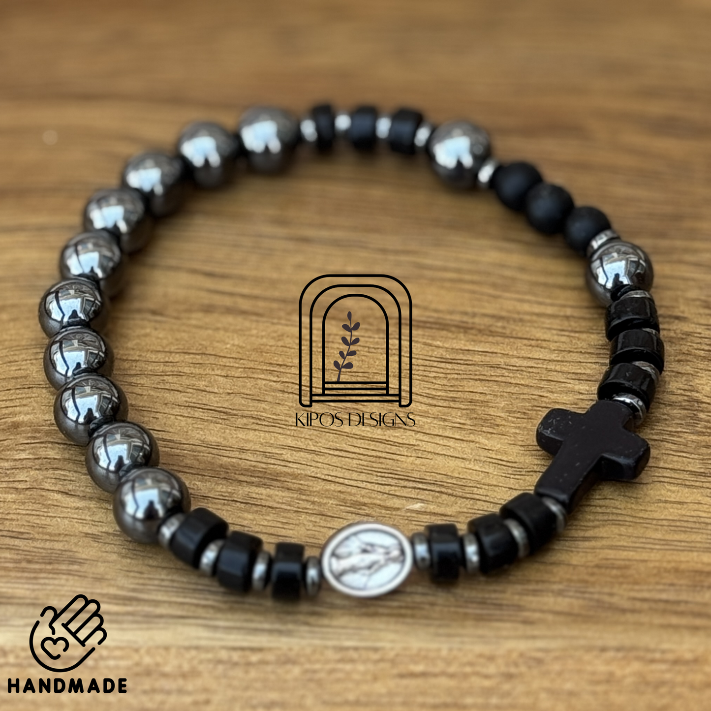 Hematite Rosary Bracelet with Black Onyx & Hematite Spacers | Customized Catholic Saint Medal