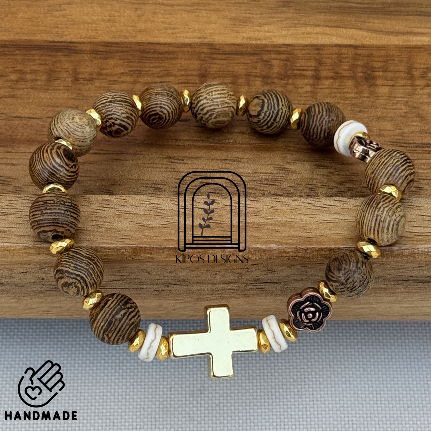 Natural Wood Rosary Bracelet with Gold Accents & Bronze Roses | Customized Catholic Saint Medal