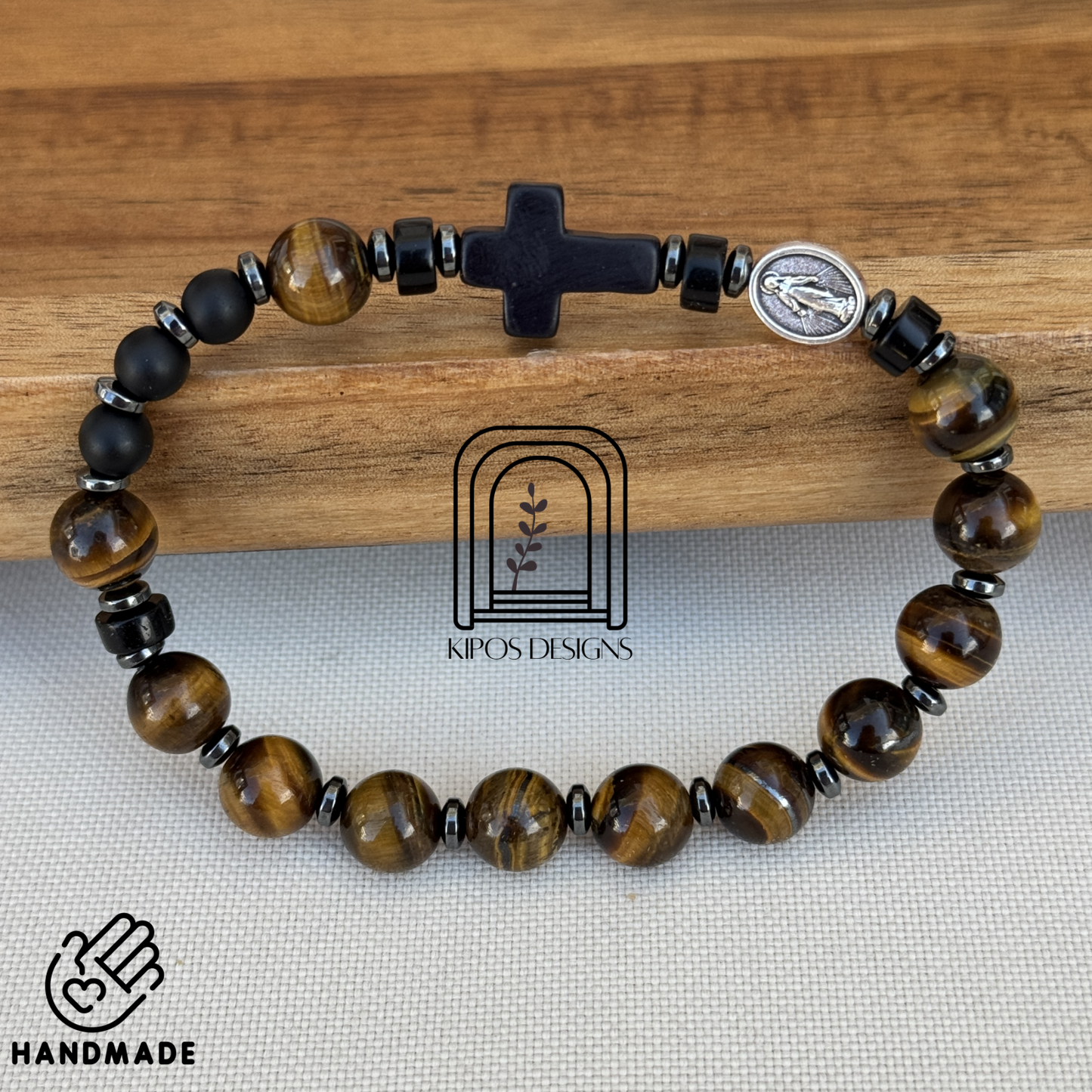 Tiger Eye Rosary Bracelet with Black Onyx & Hematite | Customized Catholic Saint Medal