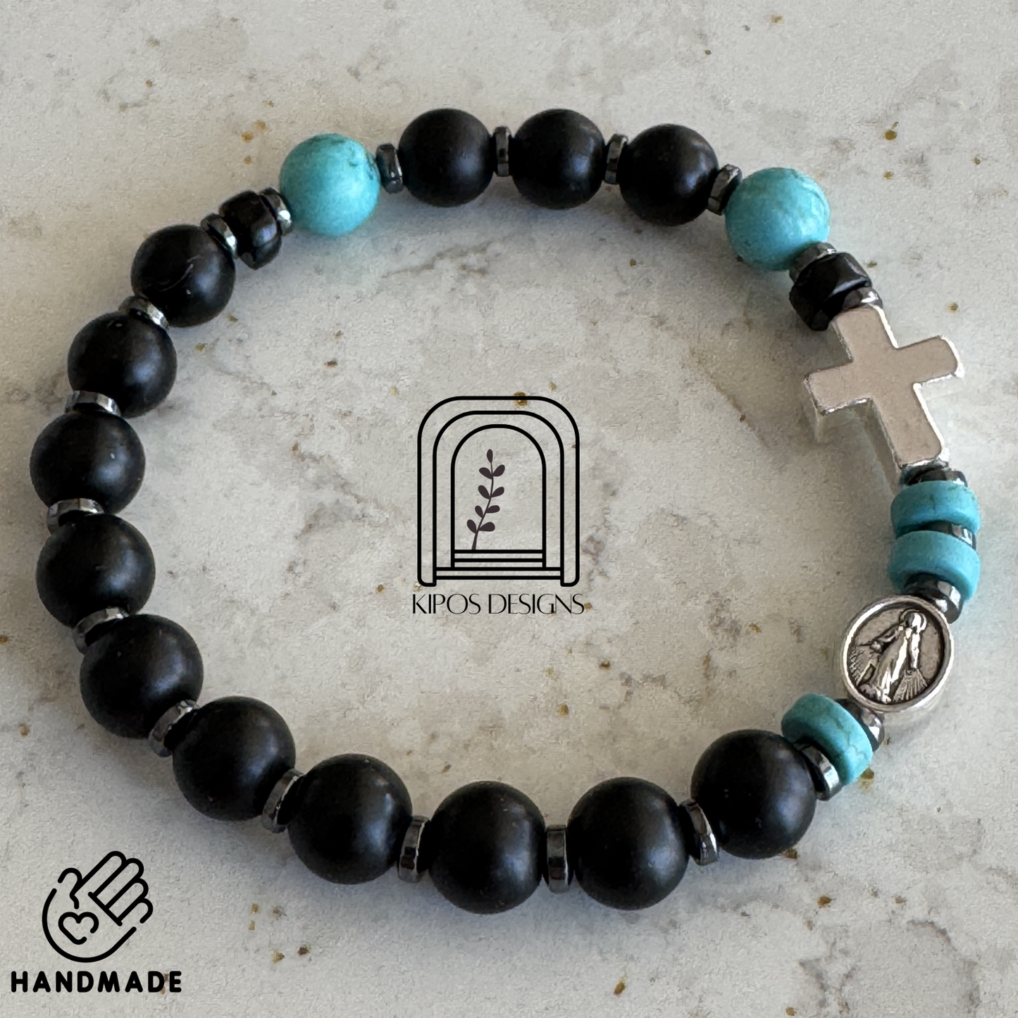 Black Onyx Rosary Bracelet with Turquoise & Hematite | Customized Catholic Saint Medal