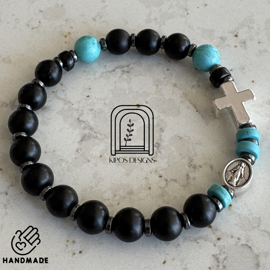 Black Onyx Rosary Bracelet with Turquoise & Hematite | Customized Catholic Saint Medal