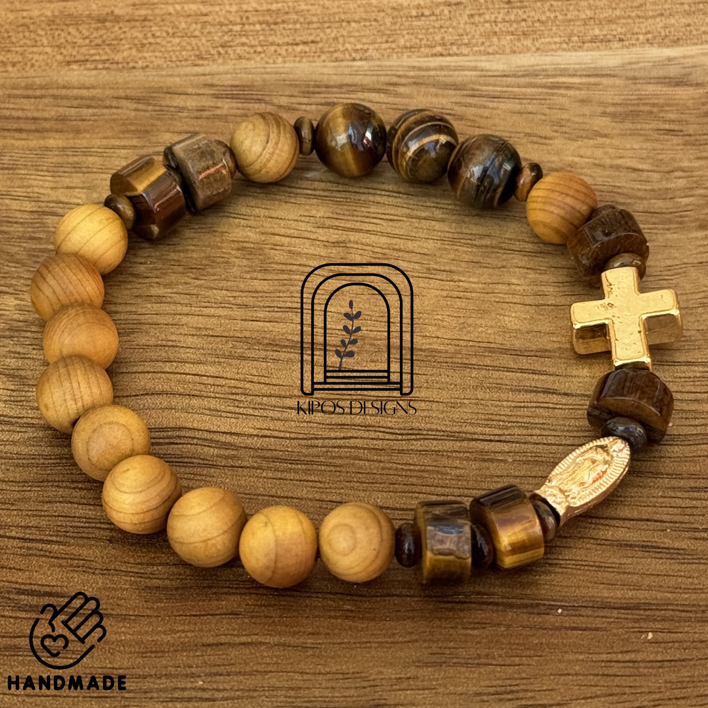 Golden Sandalwood Rosary Bracelet w/ Tiger's Eye & Gold | Customized Catholic Saint Medal