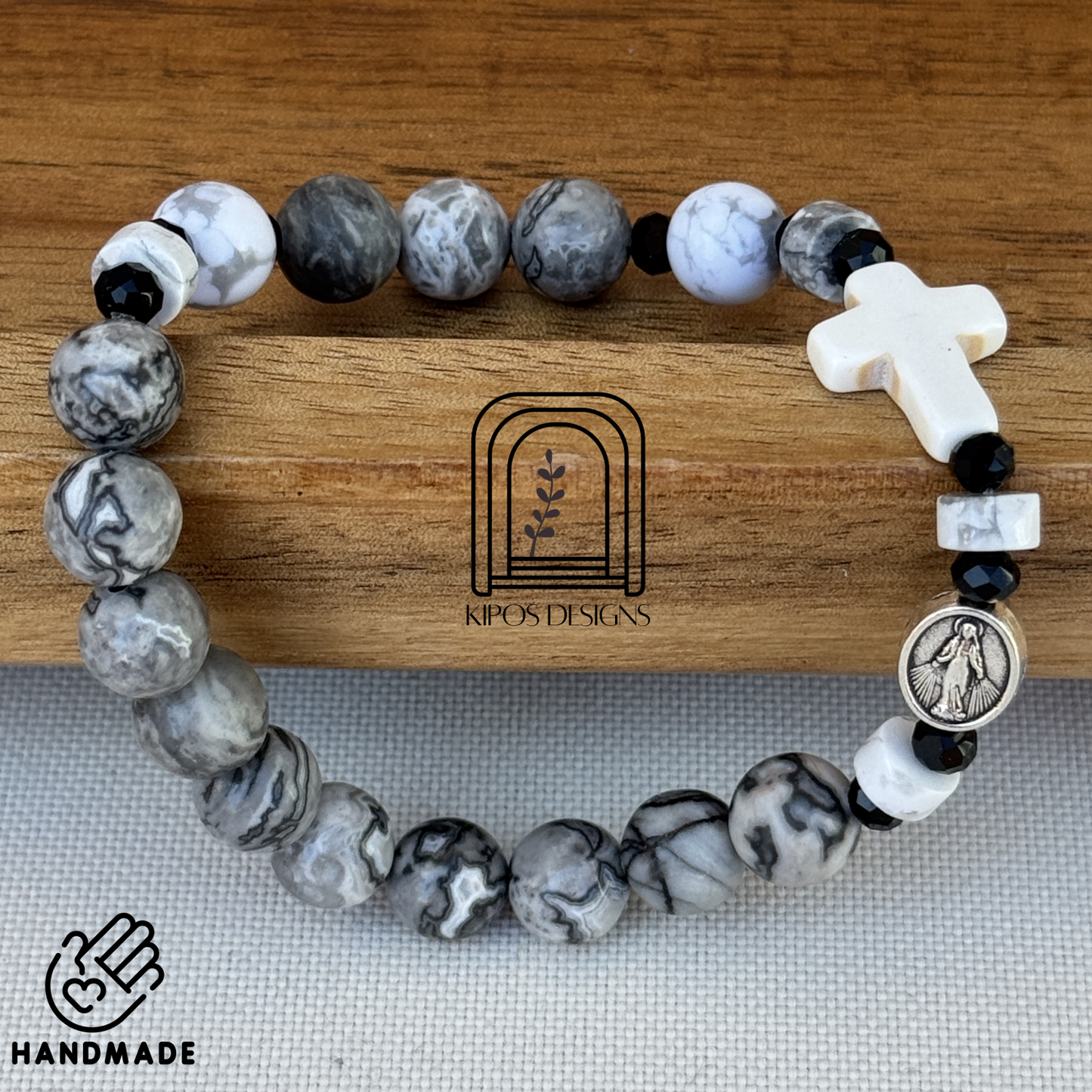 Marbled Grey & White Jasper Bracelet with White Accents | Customized Catholic Saint Medal