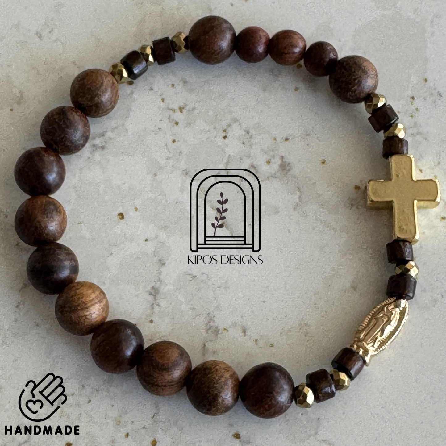 Rosewood Rosary Bracelet with Gold Accents & Gold Cross | Customized Catholic Saint Medal