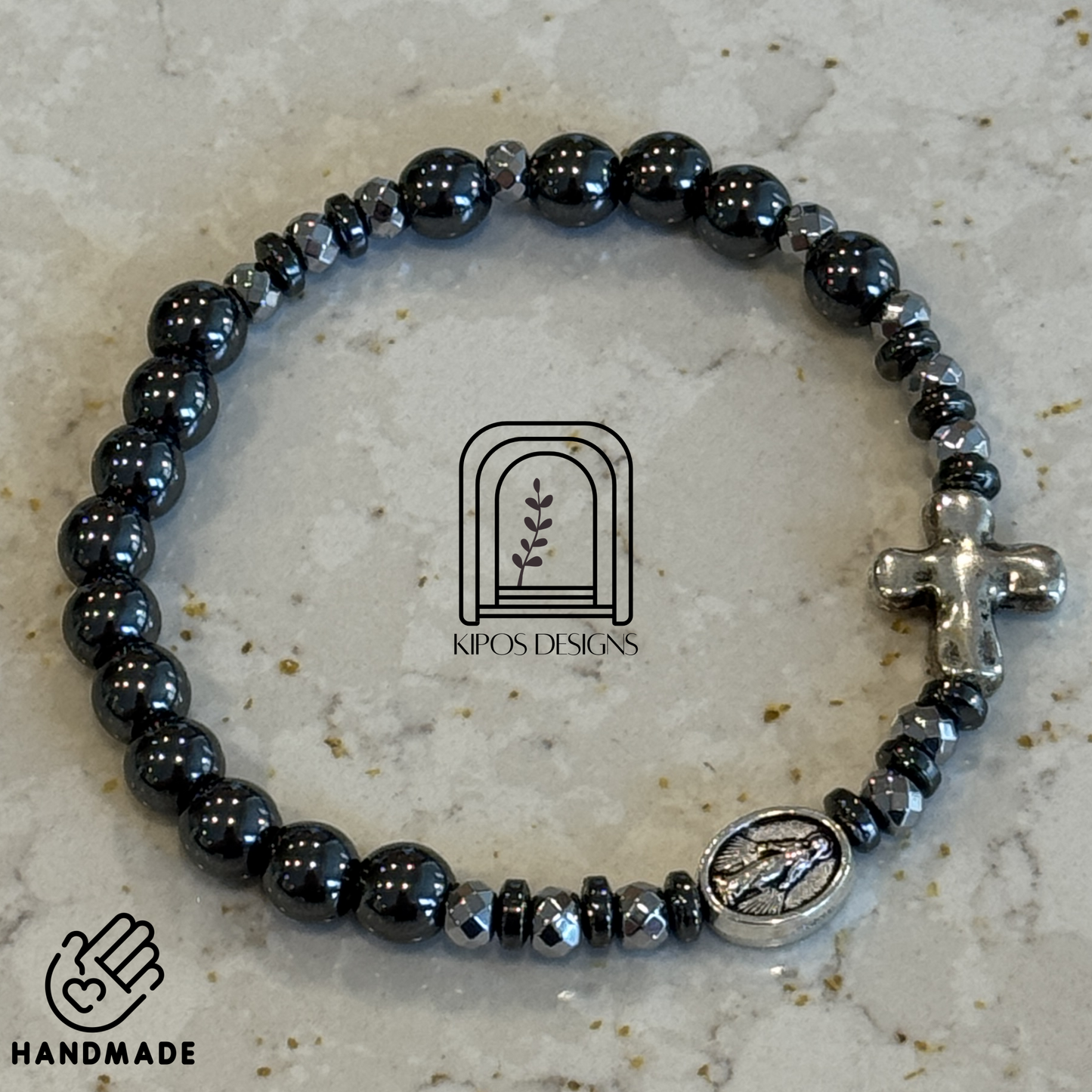 6mm Hematite Rosary Bracelet with Faceted Silver & Hematite Spacers | Customized Catholic Saint Medal