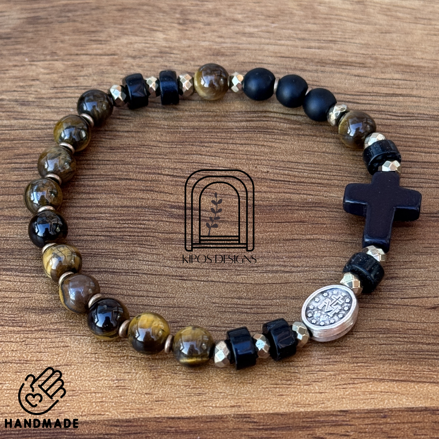 6mm Tiger Eye Rosary Bracelet with Black Onyx and Bronze accents | Customized Catholic Saint Medal