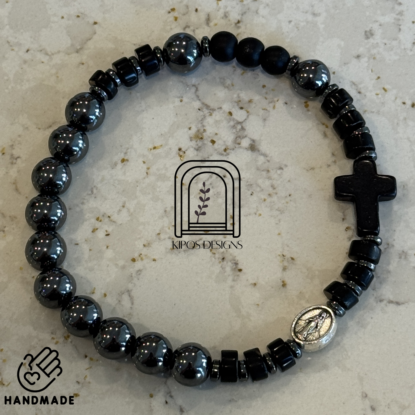 Hematite Rosary Bracelet with Black Onyx & Hematite Spacers | Customized Catholic Saint Medal