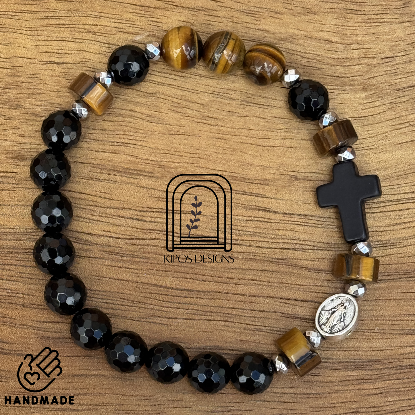 Tiger Eye Rosary Bracelet with Faceted Black Onyx & Silver | Customized Catholic Saint Medal