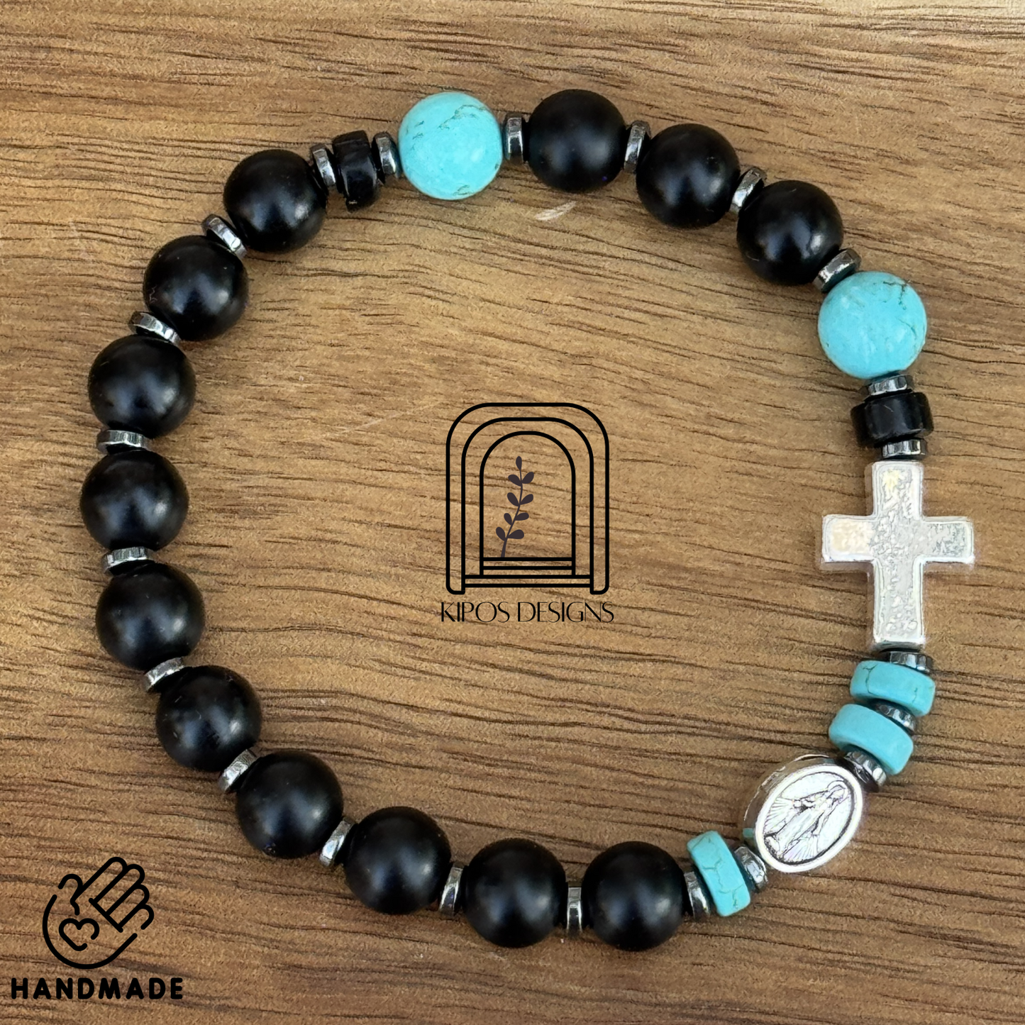 Black Onyx Rosary Bracelet with Turquoise & Hematite | Customized Catholic Saint Medal