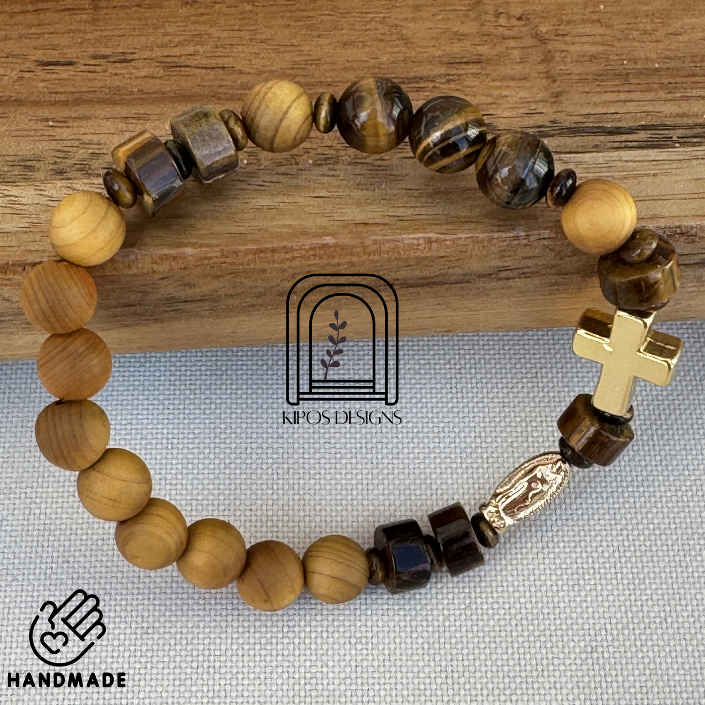 Golden Sandalwood Rosary Bracelet w/ Tiger's Eye & Gold | Customized Catholic Saint Medal