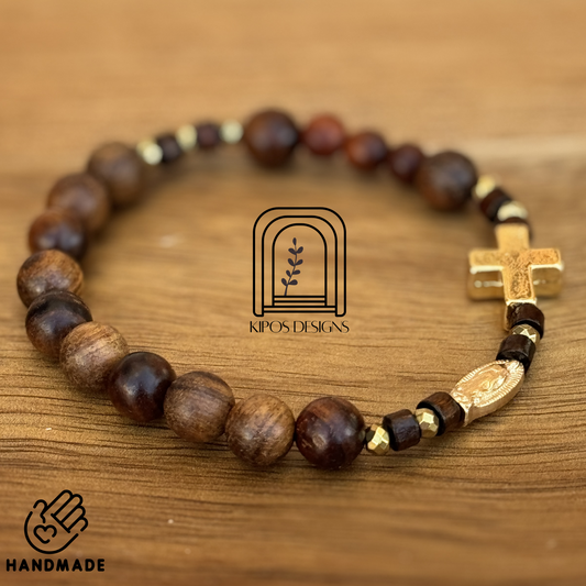 Rosewood Rosary Bracelet with Gold Accents & Gold Cross | Customized Catholic Saint Medal