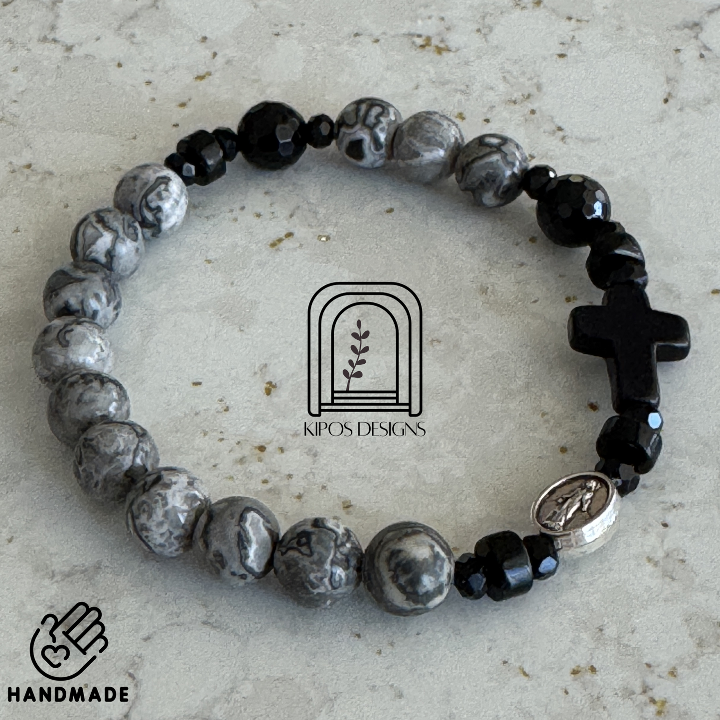 Marbled Grey & White Jasper Bracelet with Black Accents | Customized Catholic Saint Medal