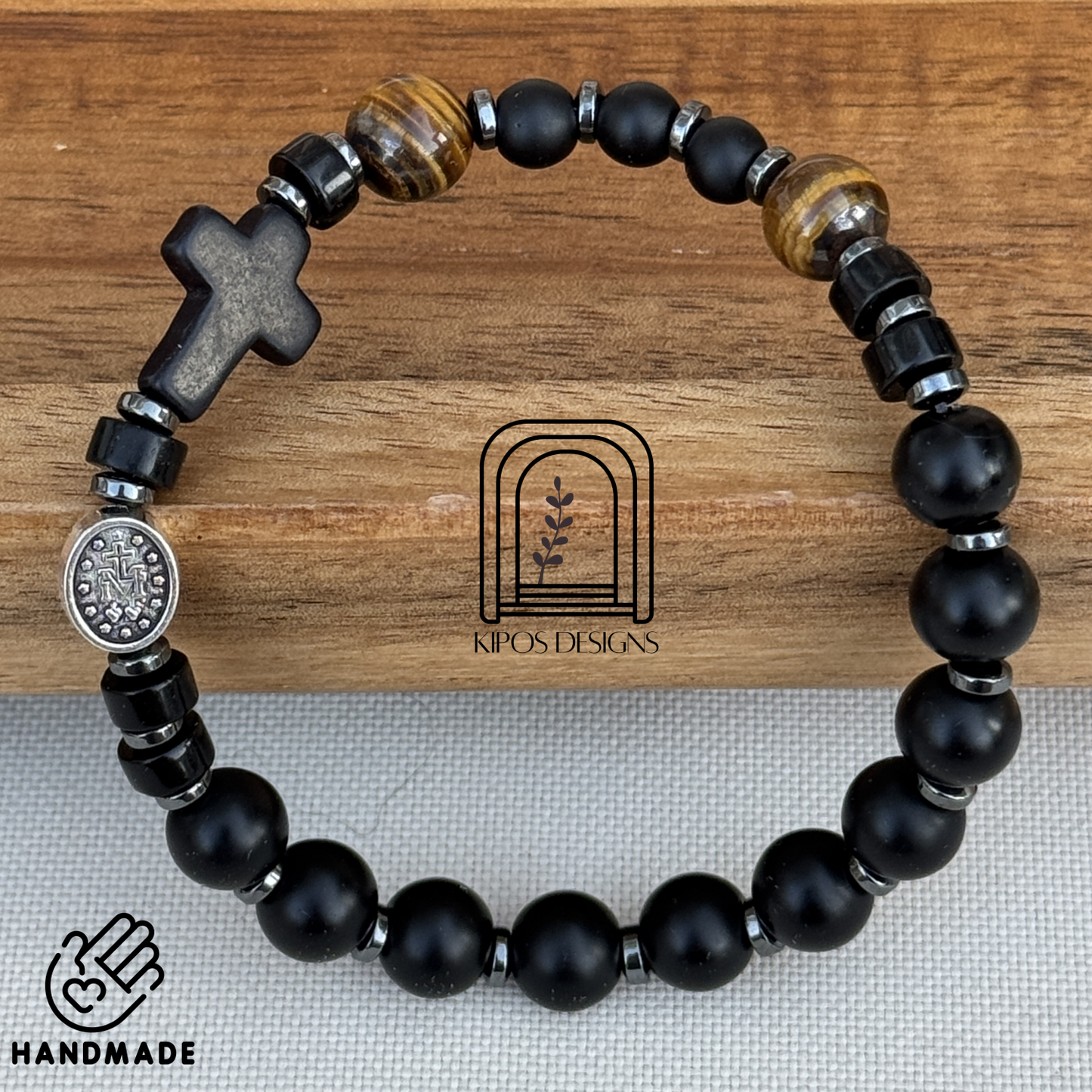 Black Onyx Rosary Bracelet with Tiger Eye & Hematite | Customized Catholic Saint Medal