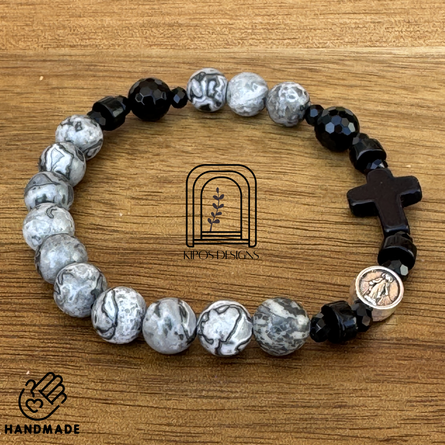 Marbled Grey & White Jasper Bracelet with Black Accents | Customized Catholic Saint Medal