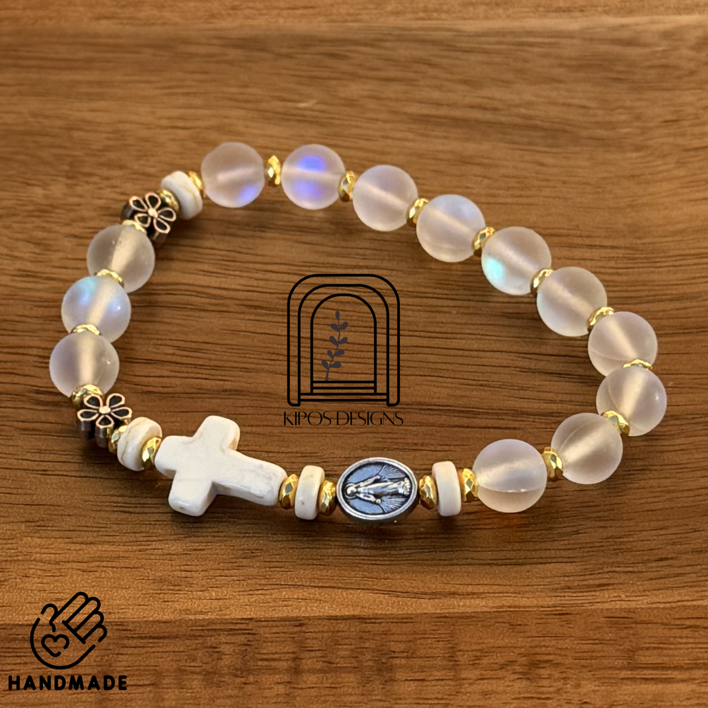 Rainbow Glass Opal Rosary Bracelet with Bright Gold & White Turquoise | Customized Catholic Saint Medal