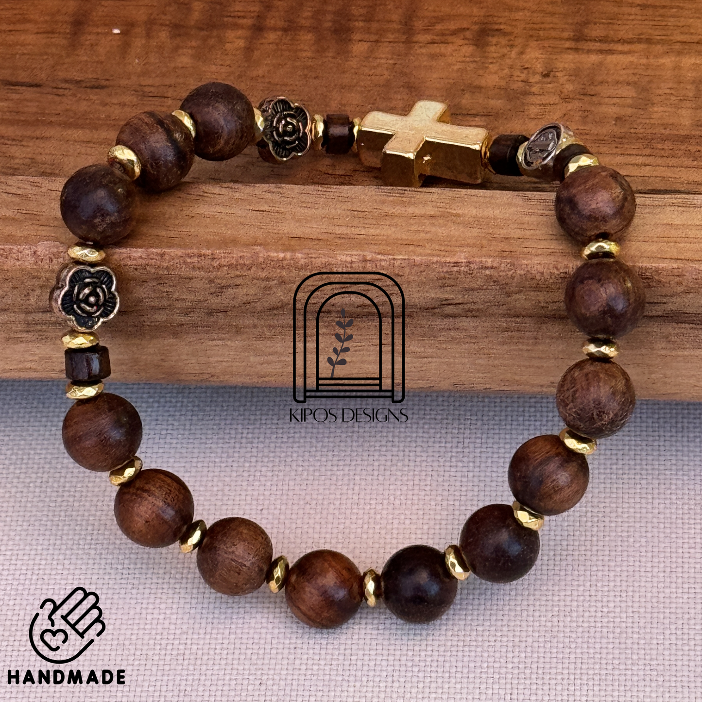 Rosewood Rosary Bracelet with Gold Accents & Bronze Roses | Customized Catholic Saint Medal