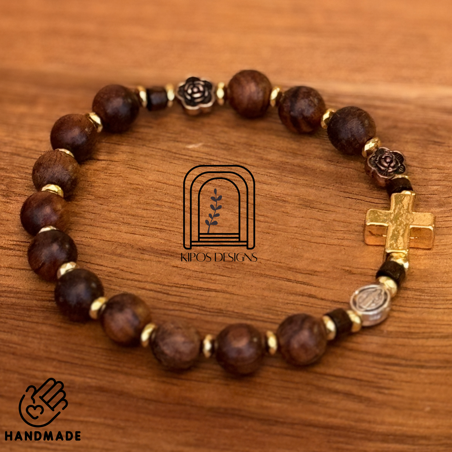 Rosewood Rosary Bracelet with Gold Accents & Bronze Roses | Customized Catholic Saint Medal