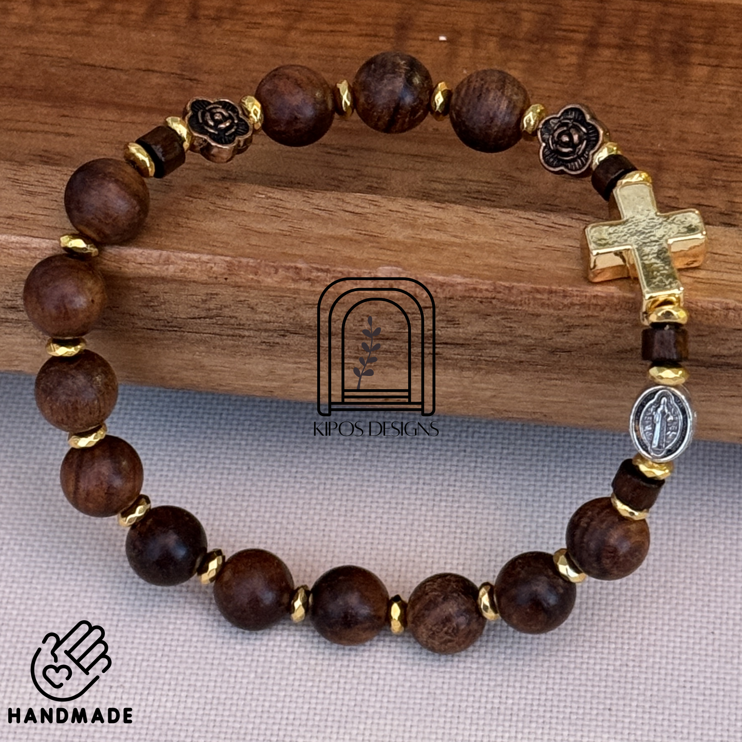 Rosewood Rosary Bracelet with Gold Accents & Bronze Roses | Customized Catholic Saint Medal