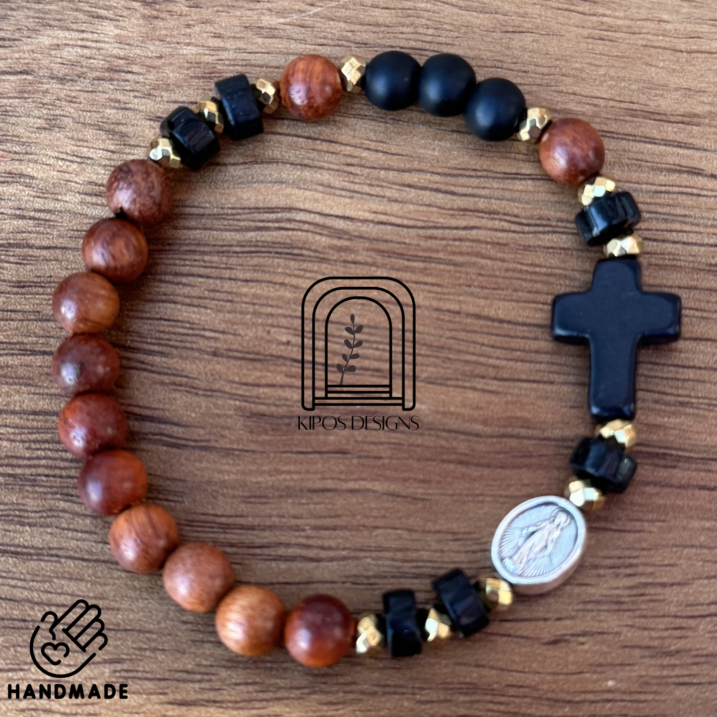 6mm Rosewood Rosary Bracelet with Black Onyx and Gold accents | Customized Catholic Saint Medal