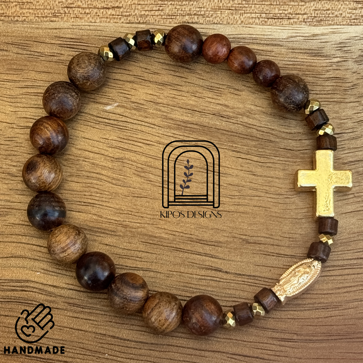 Rosewood Rosary Bracelet with Gold Accents & Gold Cross | Customized Catholic Saint Medal