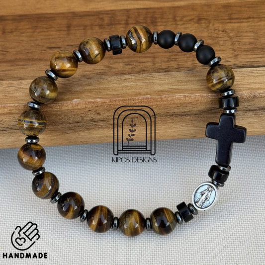 Tiger Eye Rosary Bracelet with Black Onyx & Hematite | Customized Catholic Saint Medal