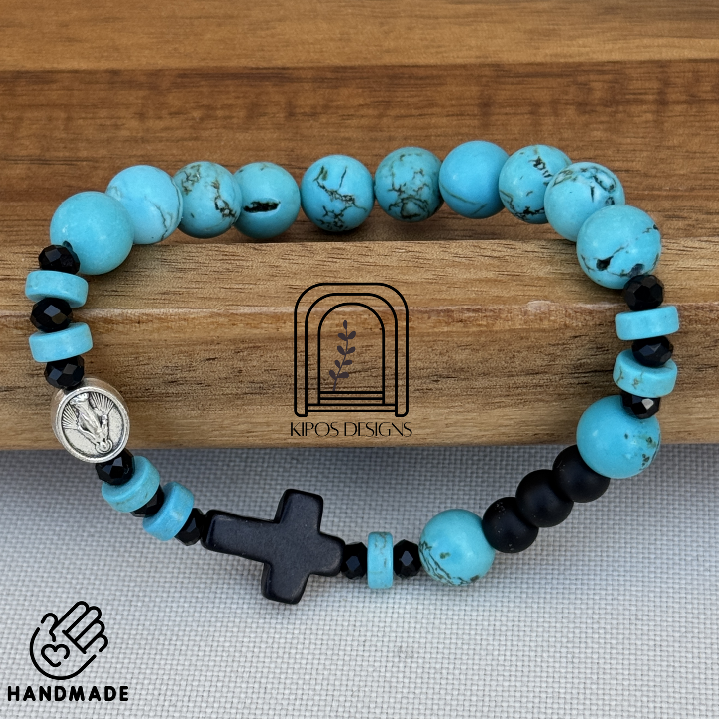 Turquoise Rosary Bracelet with Black Onyx & Faceted Glass Accents | Customized Catholic Saint Medal