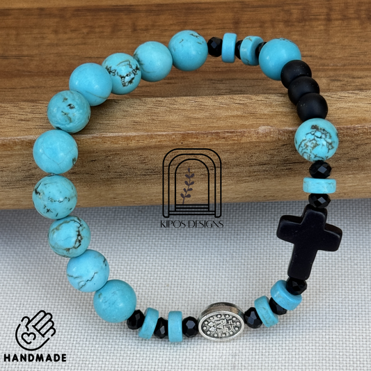 Turquoise Rosary Bracelet with Black Onyx & Faceted Glass Accents | Customized Catholic Saint Medal