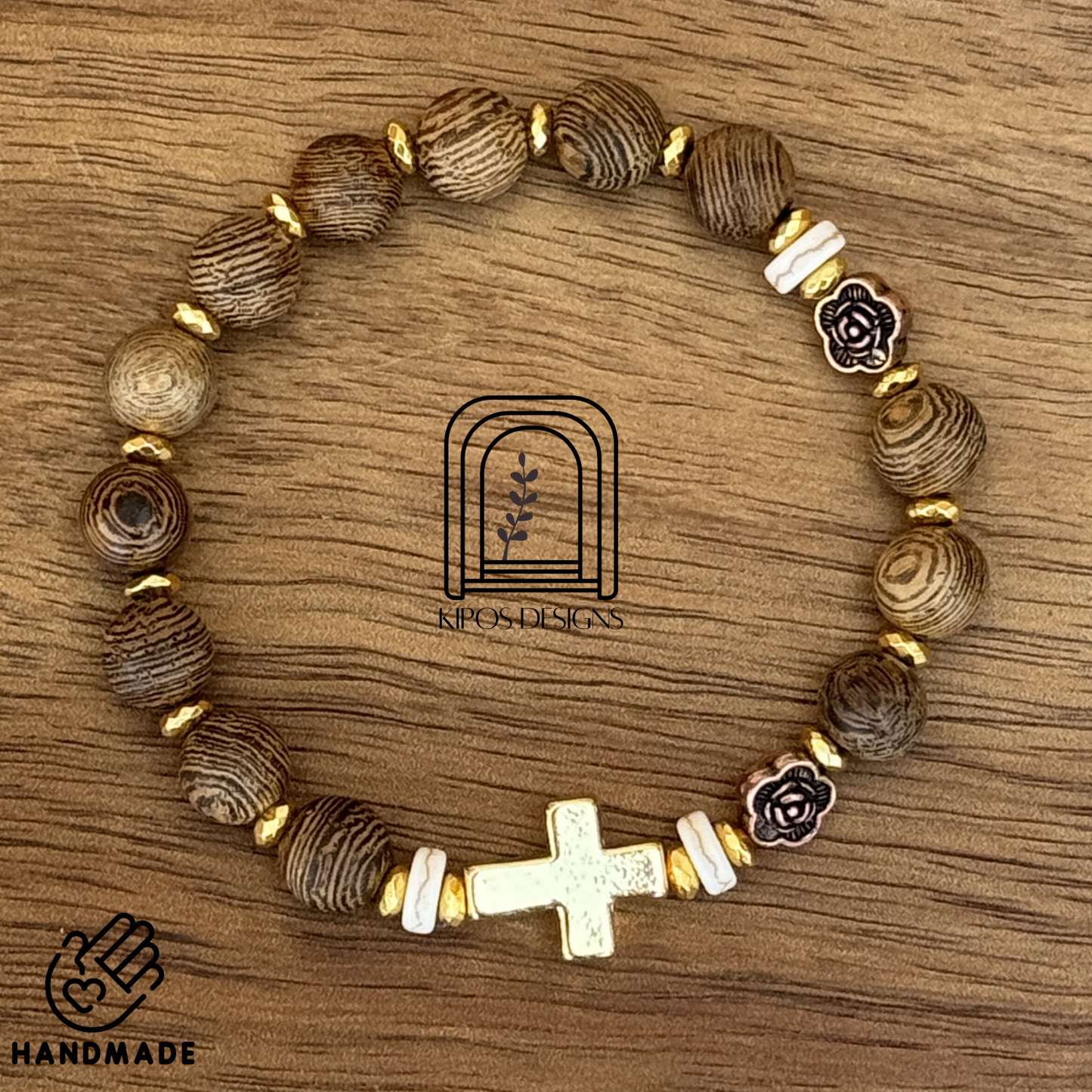 Natural Wood Rosary Bracelet with Gold Accents & Bronze Roses | Customized Catholic Saint Medal