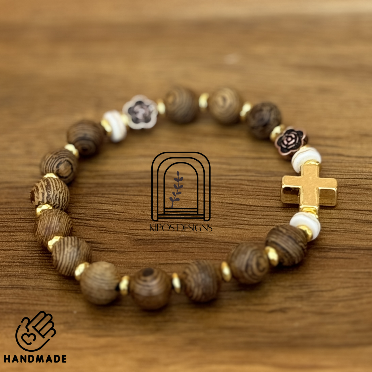 Natural Wood Rosary Bracelet with Gold Accents & Bronze Roses | Customized Catholic Saint Medal