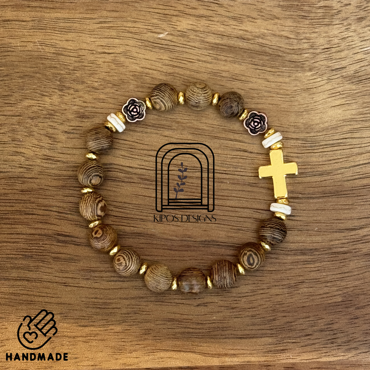 Natural Wood Rosary Bracelet with Gold Accents & Bronze Roses | Customized Catholic Saint Medal