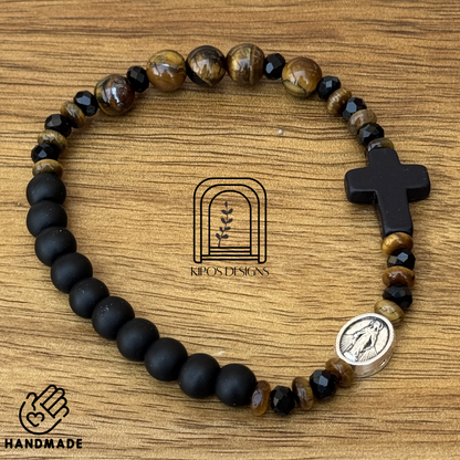 6mm Black Onyx Rosary Bracelet with Tiger Eye & Faceted Spacers | Customized Catholic Saint Medal