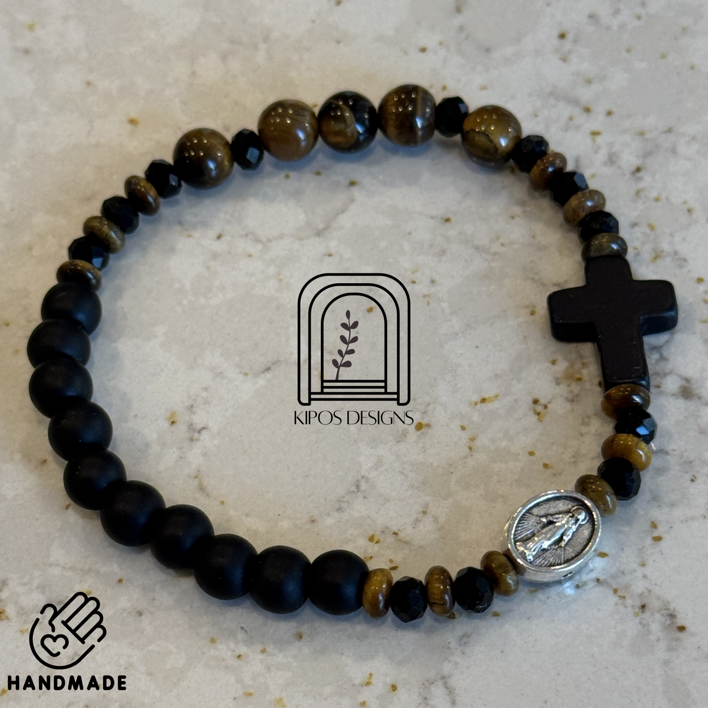 6mm Black Onyx Rosary Bracelet with Tiger Eye & Faceted Spacers | Customized Catholic Saint Medal