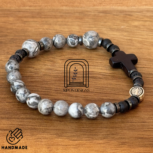 6mm Marbled Grey & White Jasper Rosary Bracelet with Black Accents | Customized Catholic Saint Medal