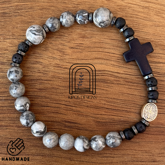 6mm Marbled Grey & White Jasper Rosary Bracelet with Black Accents | Customized Catholic Saint Medal