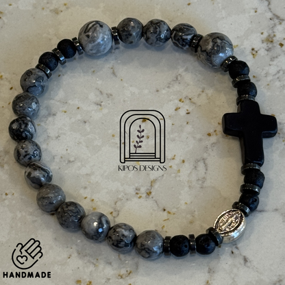 6mm Marbled Grey & White Jasper Rosary Bracelet with Black Accents | Customized Catholic Saint Medal