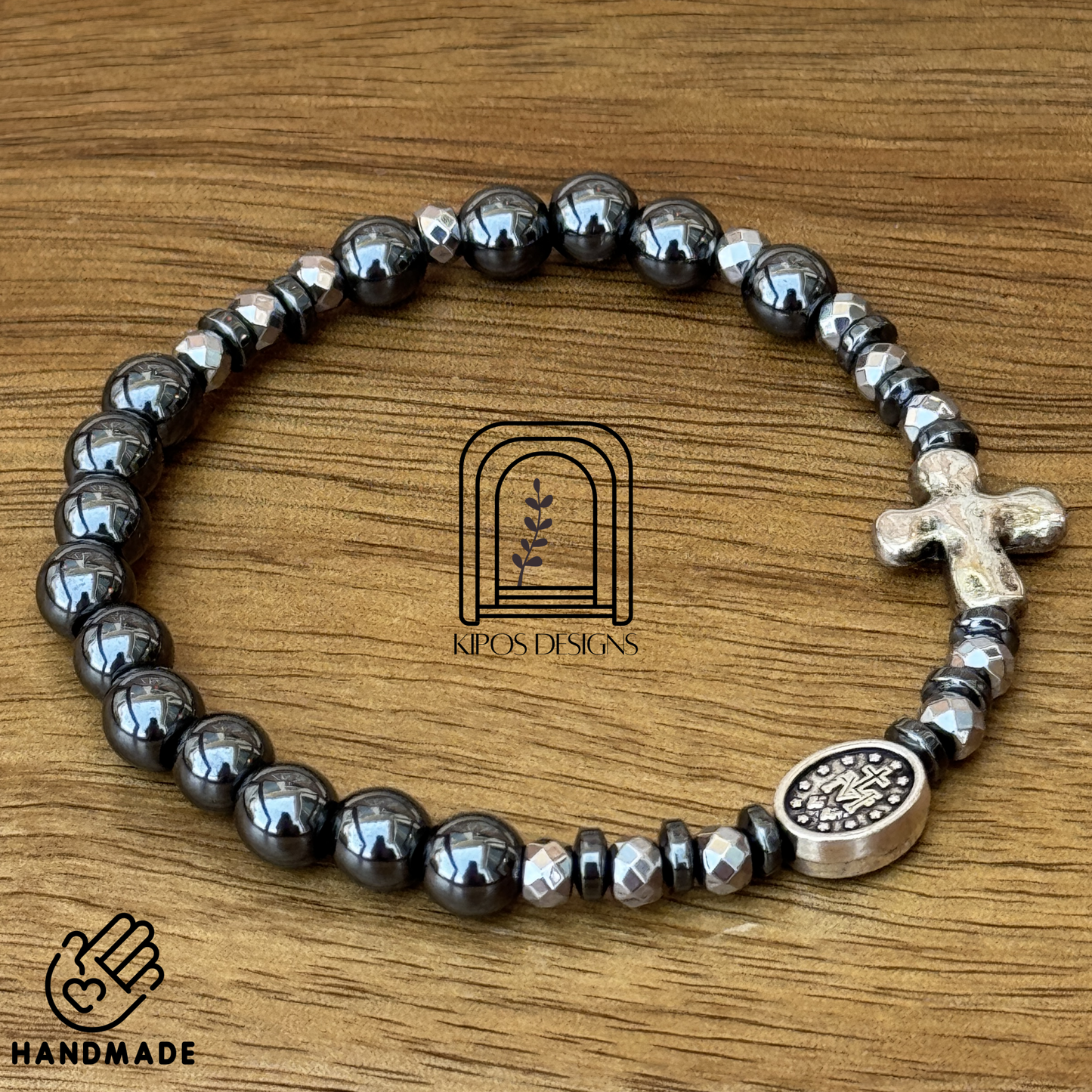 6mm Hematite Rosary Bracelet with Faceted Silver & Hematite Spacers | Customized Catholic Saint Medal