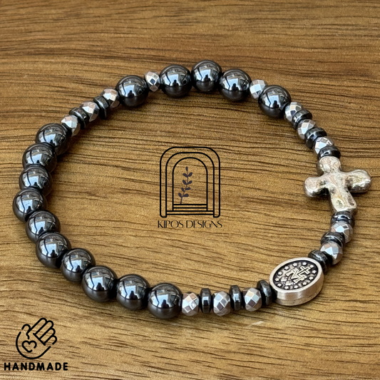 6mm Hematite Rosary Bracelet with Faceted Silver & Hematite Spacers | Customized Catholic Saint Medal