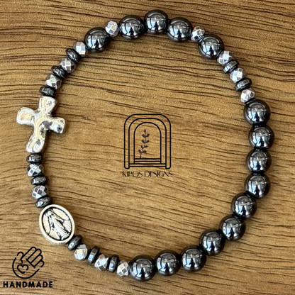 6mm Hematite Rosary Bracelet with Faceted Silver & Hematite Spacers | Customized Catholic Saint Medal