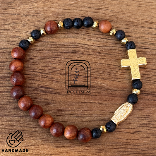 6mm Rosewood Rosary Bracelet with Black Obsidian and Gold accents | Customized Catholic Saint Medal