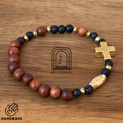 6mm Rosewood Rosary Bracelet with Black Obsidian and Gold accents | Customized Catholic Saint Medal
